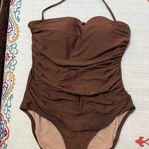 Ladies Brown Ruched One-Piece Swimsuit - J Crew